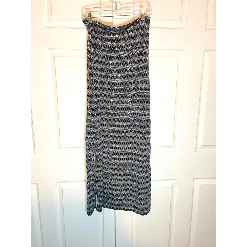 Geometric Tribal Print Maxi Skirt Black White Stretch Back Slit M